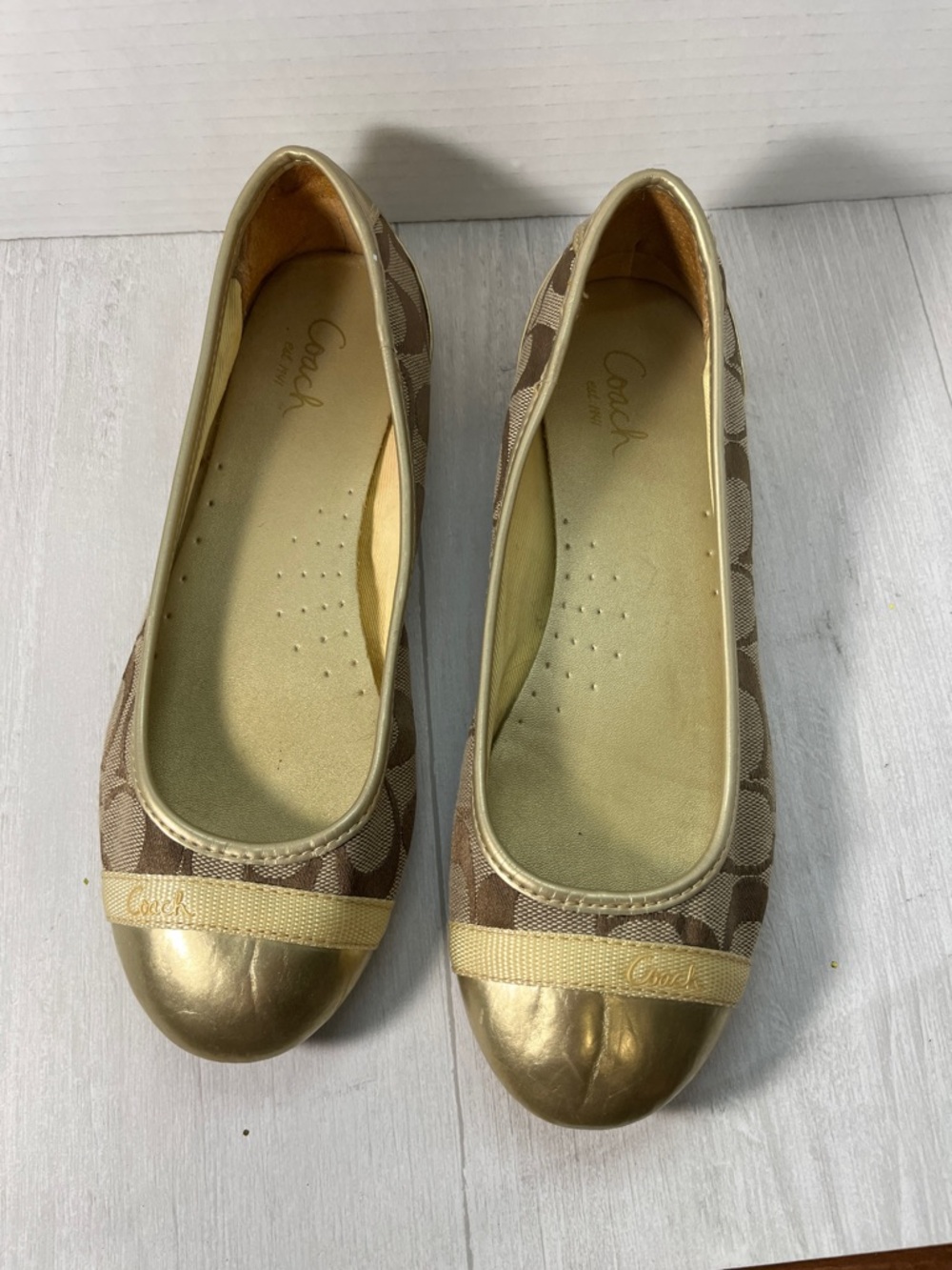 Coach Women's Brown Signature Canvas Ballet Flats with Gold Cap Toe - Picture 3 of 9